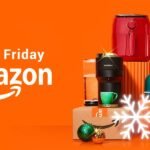 Varie offerte di Black Friday con logo Amazon, inclusi elettrodomestici e decorazioni natalizie.