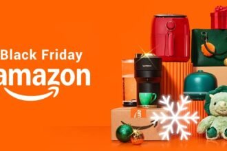 Varie offerte di Black Friday con logo Amazon, inclusi elettrodomestici e decorazioni natalizie.