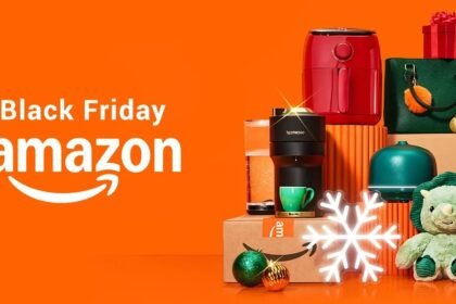 Varie offerte di Black Friday con logo Amazon, inclusi elettrodomestici e decorazioni natalizie.
