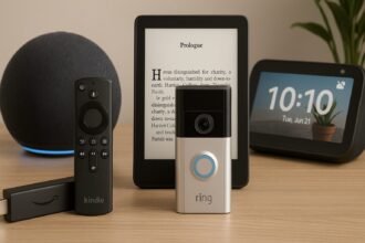 Un Kindle, un dispositivo Ring, un Echo Dot e un display intelligente su un tavolo in legno.