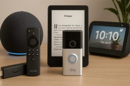 Un Kindle, un dispositivo Ring, un Echo Dot e un display intelligente su un tavolo in legno.