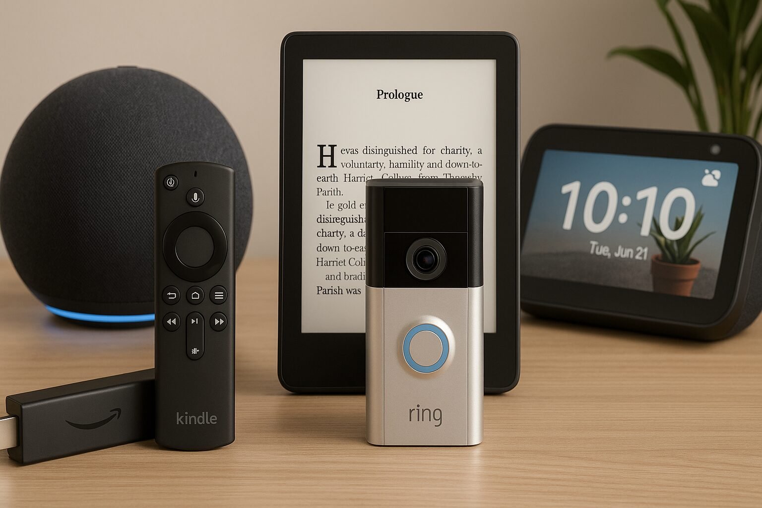 Un Kindle, un dispositivo Ring, un Echo Dot e un display intelligente su un tavolo in legno.