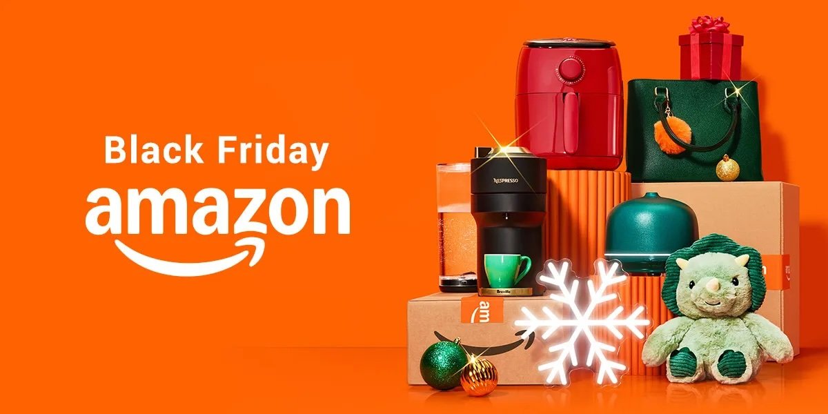 Varie offerte di Black Friday con logo Amazon, inclusi elettrodomestici e decorazioni natalizie.