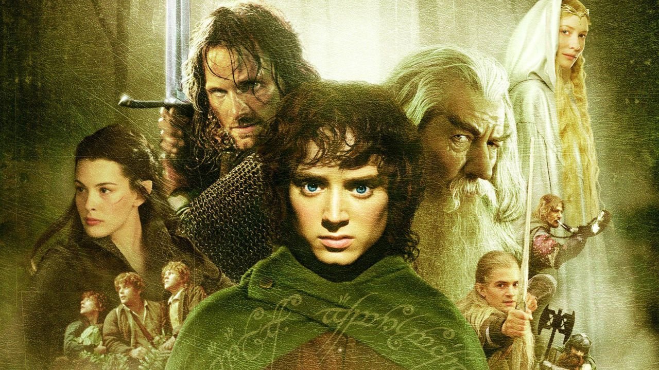 Rappresentazione di personaggi principali de Il Signore degli Anelli, tra cui Frodo, Aragorn e Gandalf.