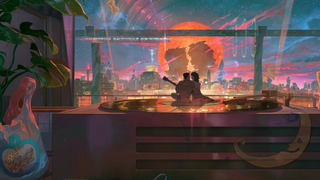 Coppia che guarda il tramonto futuristico.