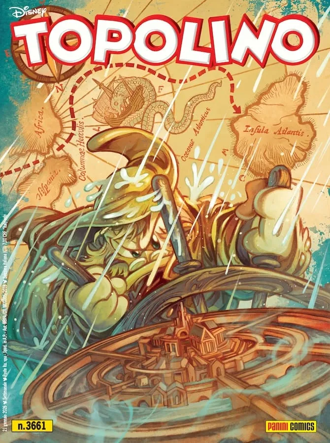 Copertina del fumetto Topolino n. 3661, con personaggio che naviga in un mare tempestoso verso Atlantide.