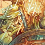 Illustrazione di un personaggio che guida una nave in tempesta, con acqua che spruzza e una mappa sullo sfondo. Paperone in Atlantide