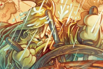 Illustrazione di un personaggio che guida una nave in tempesta, con acqua che spruzza e una mappa sullo sfondo. Paperone in Atlantide