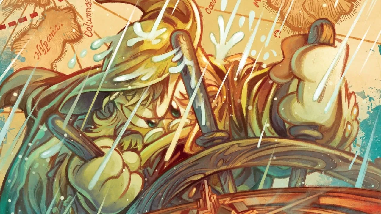 Illustrazione di un personaggio che guida una nave in tempesta, con acqua che spruzza e una mappa sullo sfondo. Paperone in Atlantide