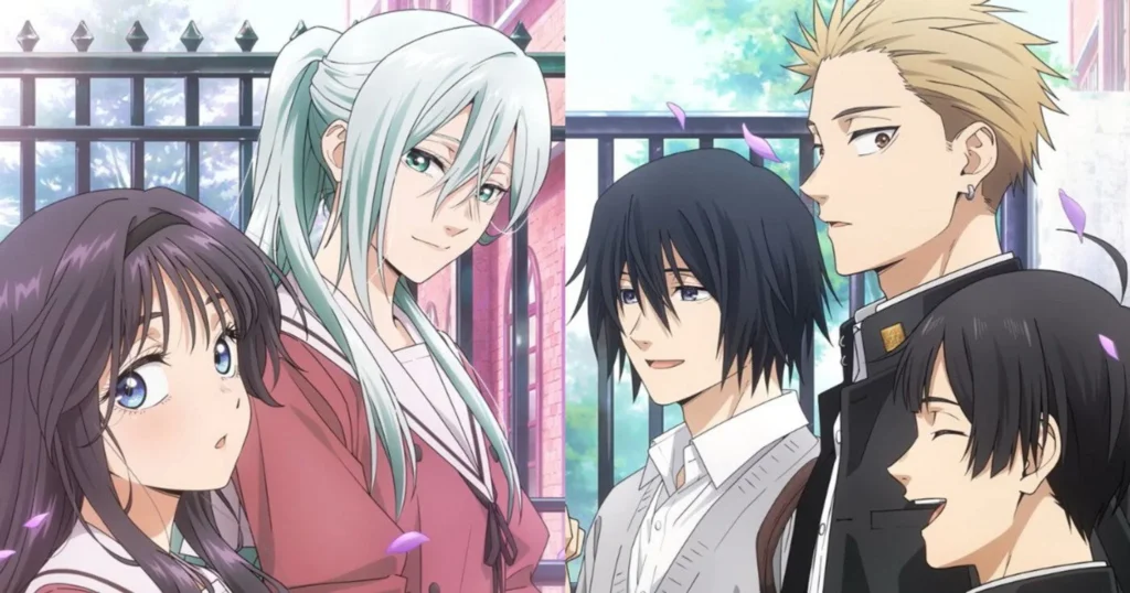 Gruppo di giovani in un giardino. The Fragrant Flower Blooms with Dignity